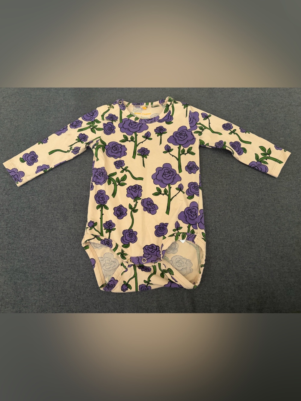 Mini Rodini Cream Long Sleeve Bodysuit with Purple Rose Print